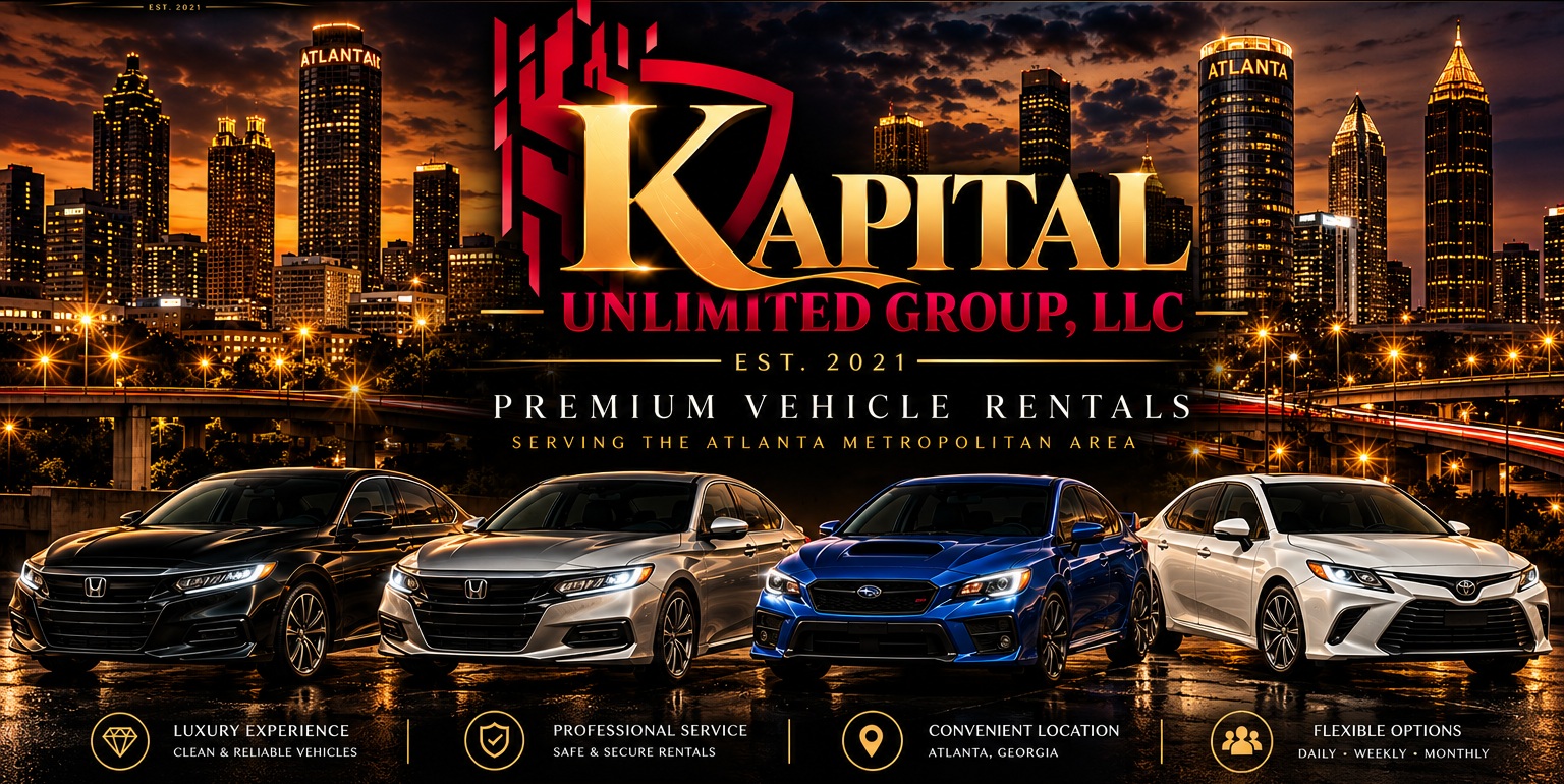 Kapital Unlimited Group gold K and red logo against an illuminated Atlanta skyline with two Honda Accords, Subaru WRX and Toyota Camry, illustrated concept